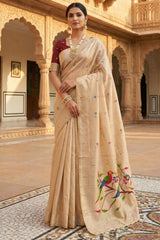 Exemplary Beige Munga Cotton Paithani Silk Saree With Nectarous Blouse Piece