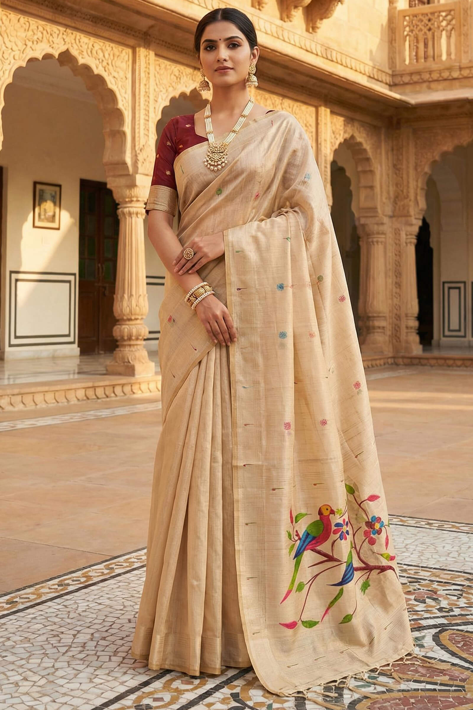 Exemplary Beige Munga Cotton Paithani Silk Saree With Nectarous Blouse Piece