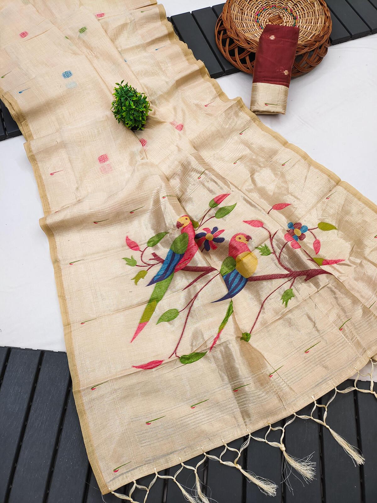 Exemplary Beige Munga Cotton Paithani Silk Saree With Nectarous Blouse Piece