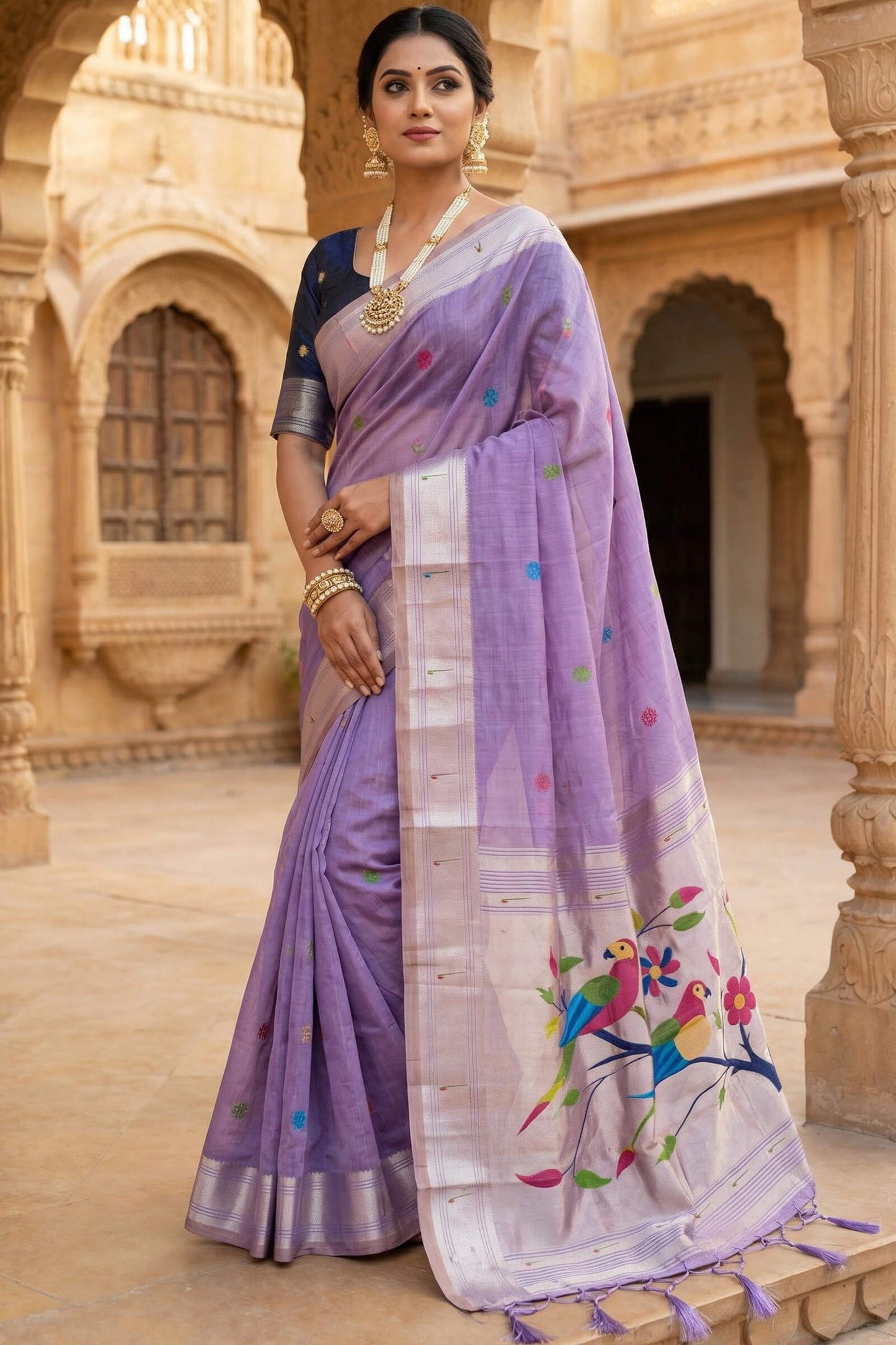 Adorning Lavender Munga Cotton Paithani Silk Saree With Pulsating Blouse Piece