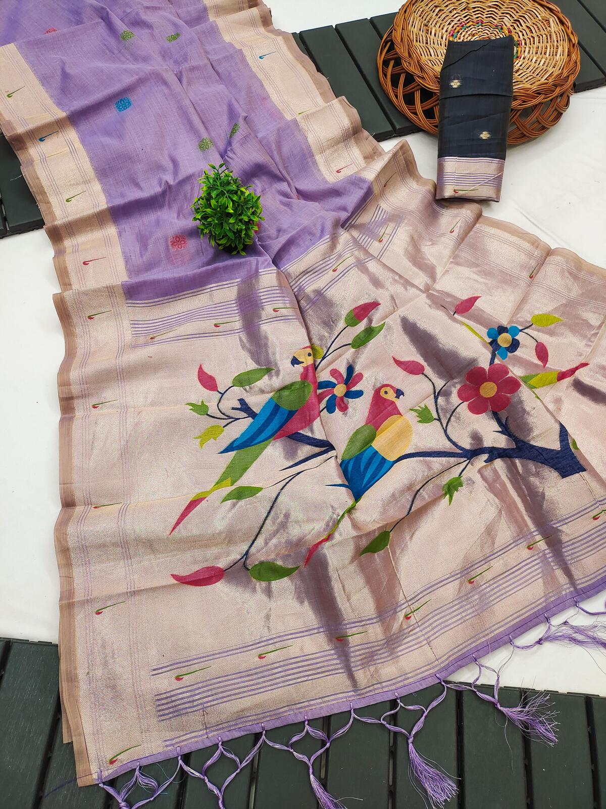 Adorning Lavender Munga Cotton Paithani Silk Saree With Pulsating Blouse Piece
