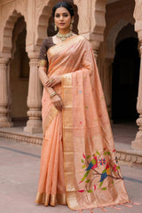 Fugacious Peach Munga Cotton Paithani Silk Saree With Brood Blouse Piece