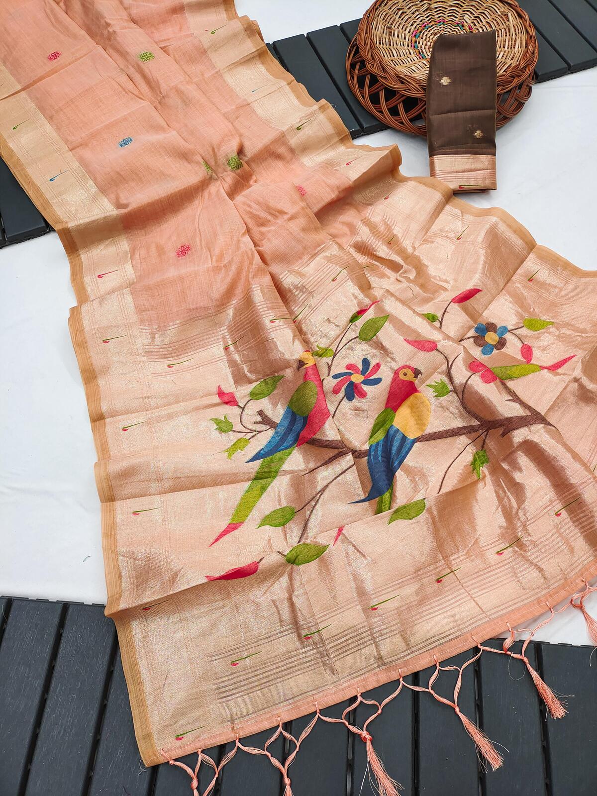 Fugacious Peach Munga Cotton Paithani Silk Saree With Brood Blouse Piece