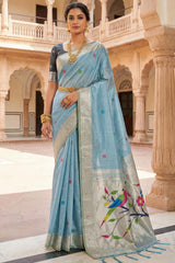 Panoply Sky Munga Cotton Paithani Silk Saree With Imbrication Blouse Piece