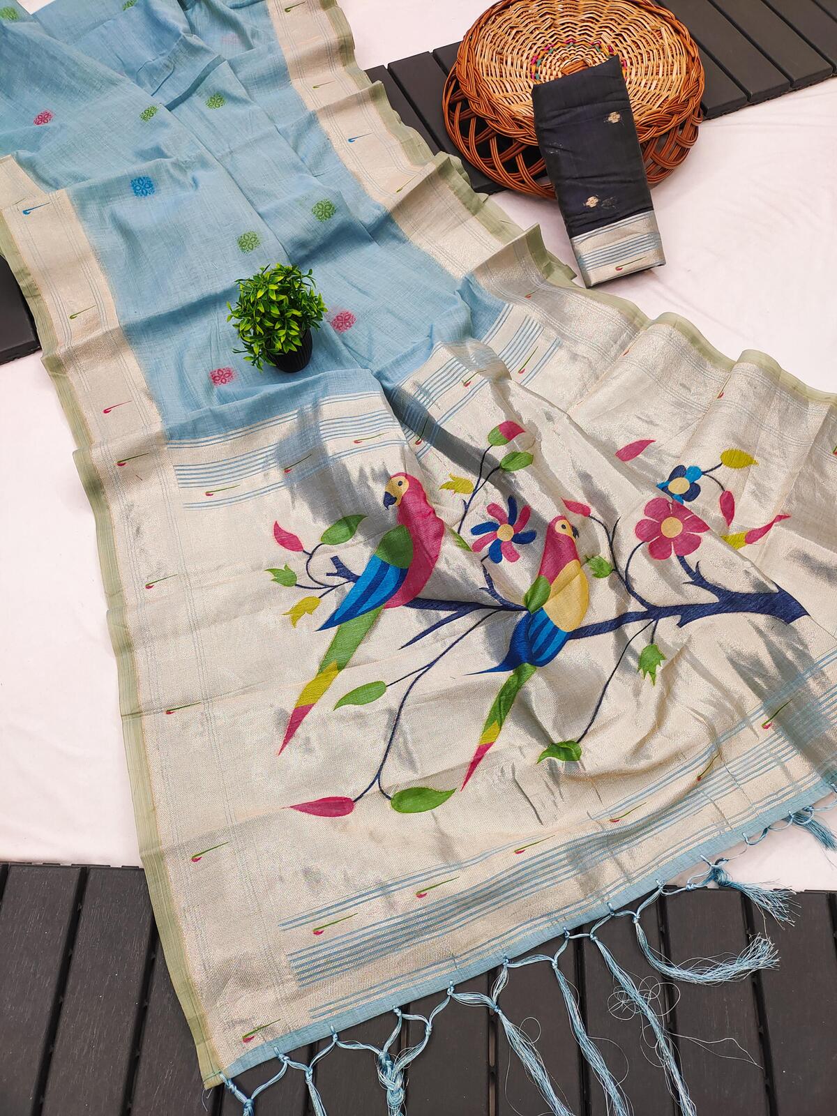 Panoply Sky Munga Cotton Paithani Silk Saree With Imbrication Blouse Piece