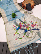 Panoply Sky Munga Cotton Paithani Silk Saree With Imbrication Blouse Piece