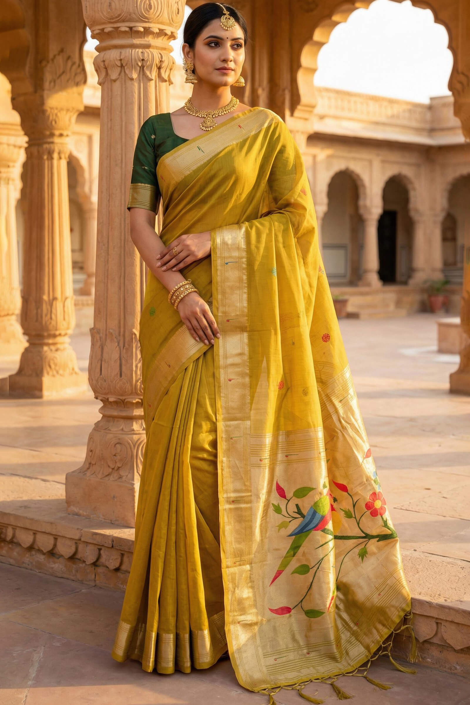 Majestic Yellow Munga Cotton Paithani Silk Saree With Grandiose Blouse Piece