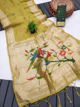 Majestic Yellow Munga Cotton Paithani Silk Saree With Grandiose Blouse Piece