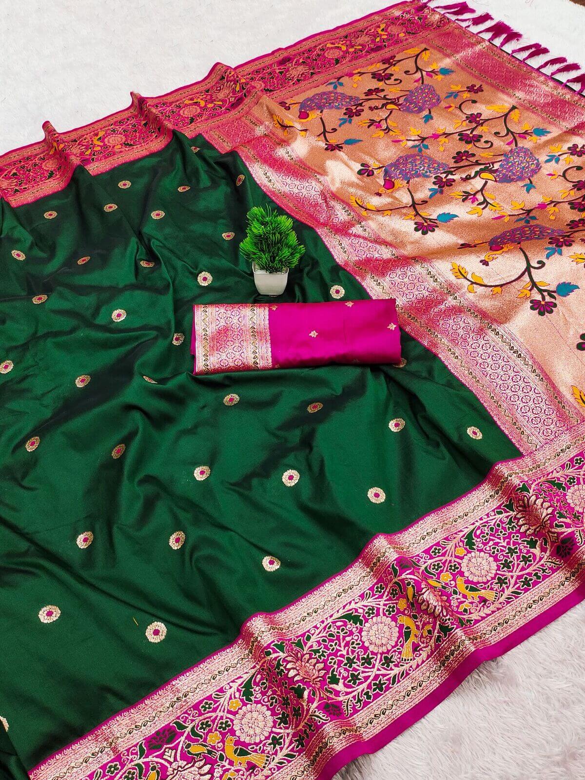Desirable Dark Green Paithani Silk Saree With Panache Blouse Piece
