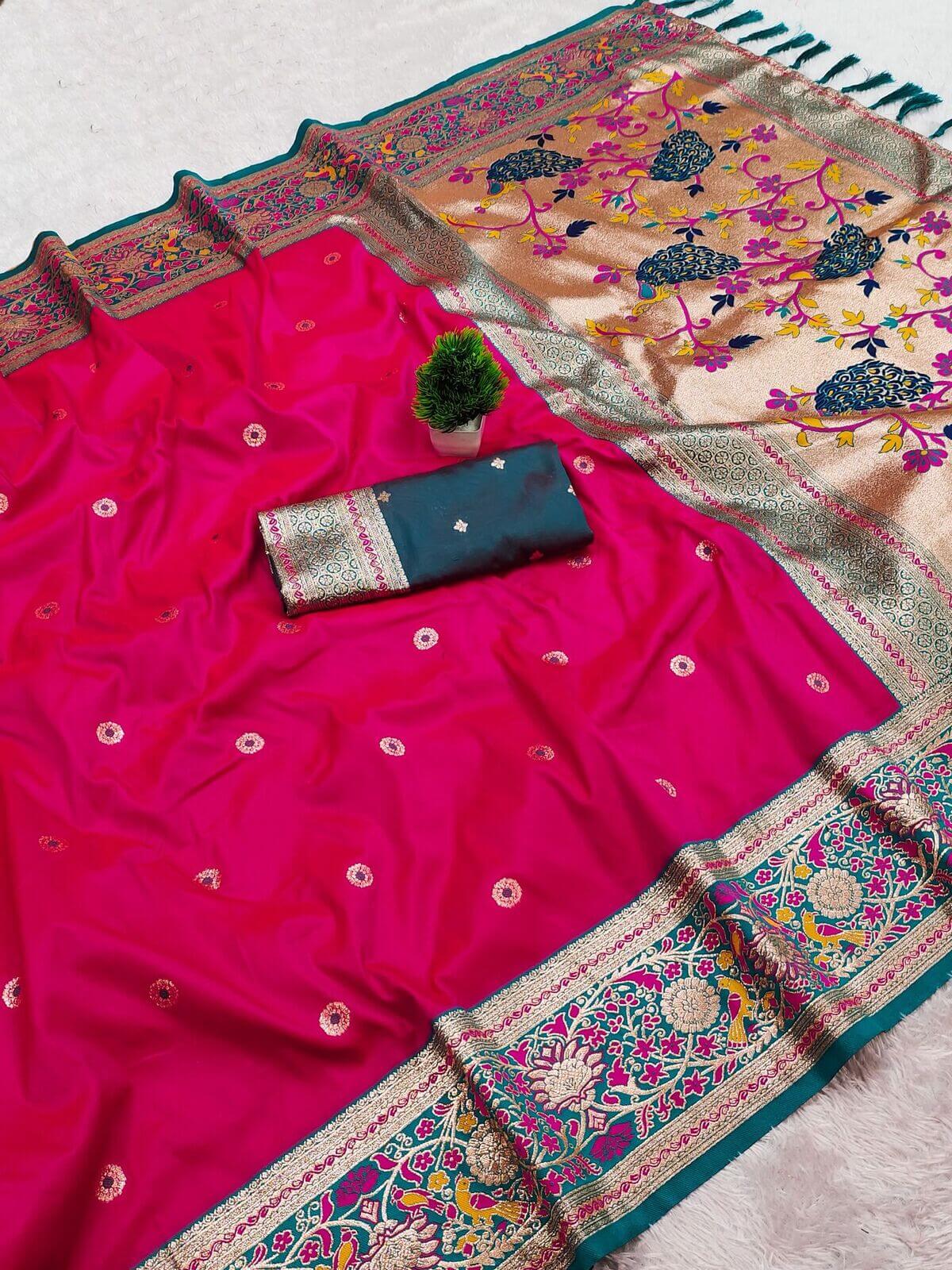 Deserving Dark Pink Paithani Silk Saree With Palimpsest Blouse Piece