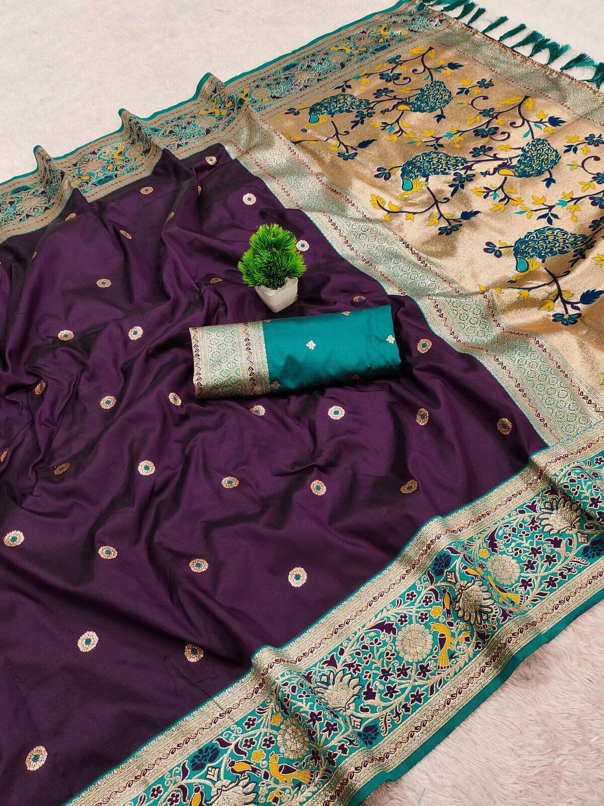 Eclat Purple Paithani Silk Saree With Fantabulous Blouse Piece