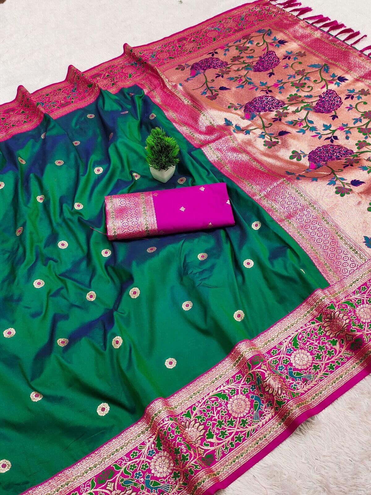 Magnetic Rama Paithani Silk Saree With Prominent Blouse Piece