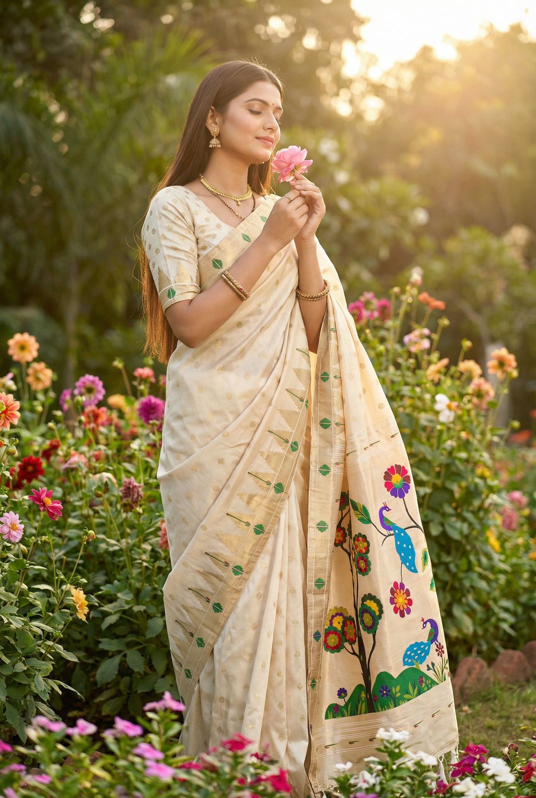 Confounding Beige Paithani Silk Saree With Whimsical Blouse Piece