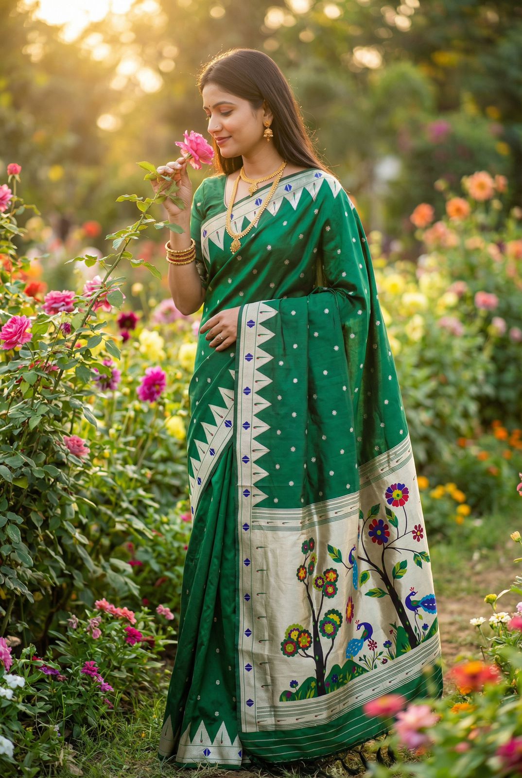 Smart Dark Green Paithani Silk Saree With Lagniappe Blouse Piece