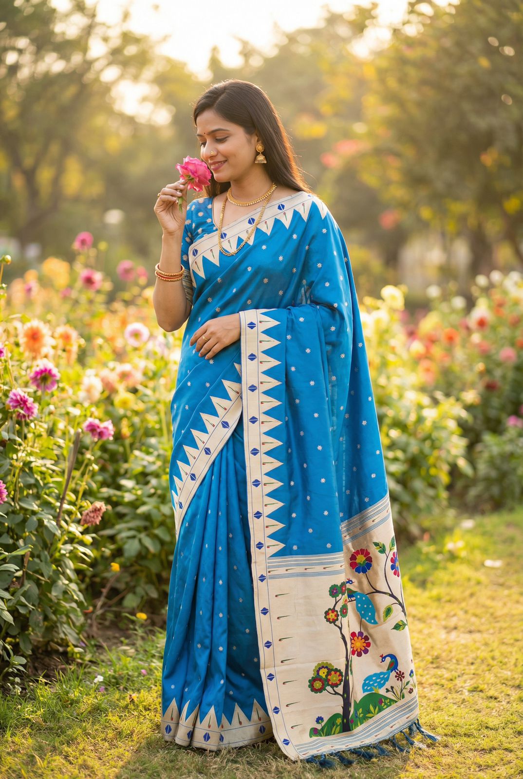 Bucolic Firozi Paithani Silk Saree With Angelic Blouse Piece