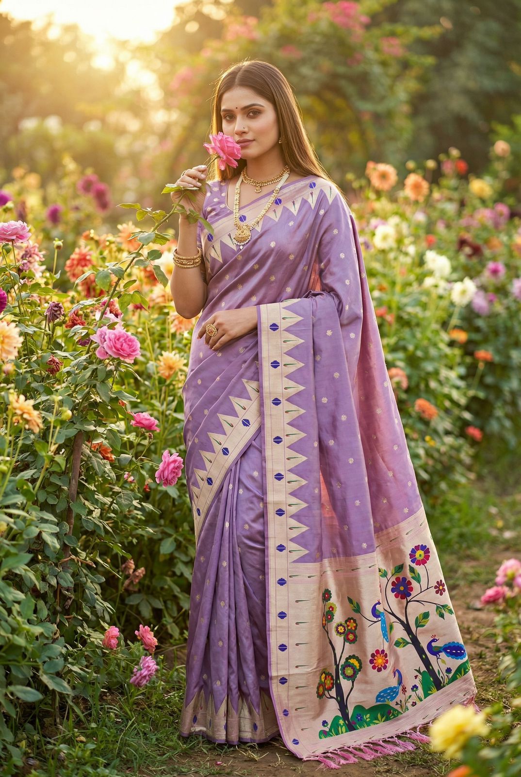 Luxuriant Lavender Paithani Silk Saree With Evocative Blouse Piece