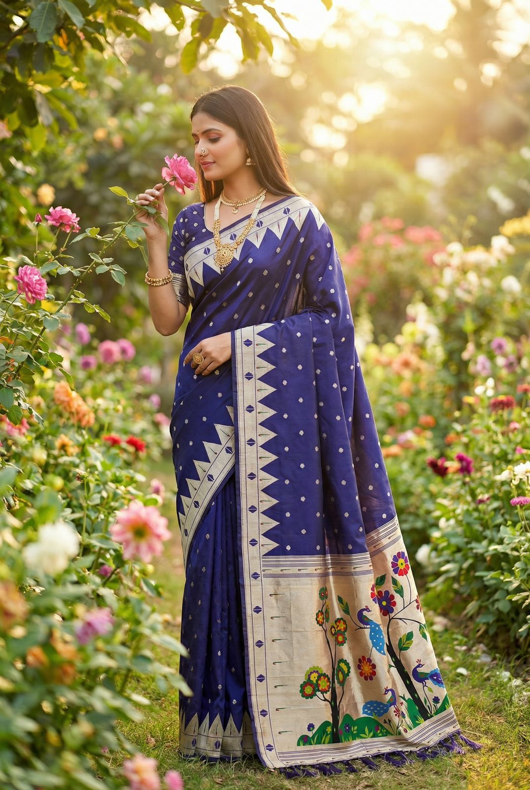 Tremendous Navy Blue Paithani Silk Saree With Breathtaking Blouse Piece