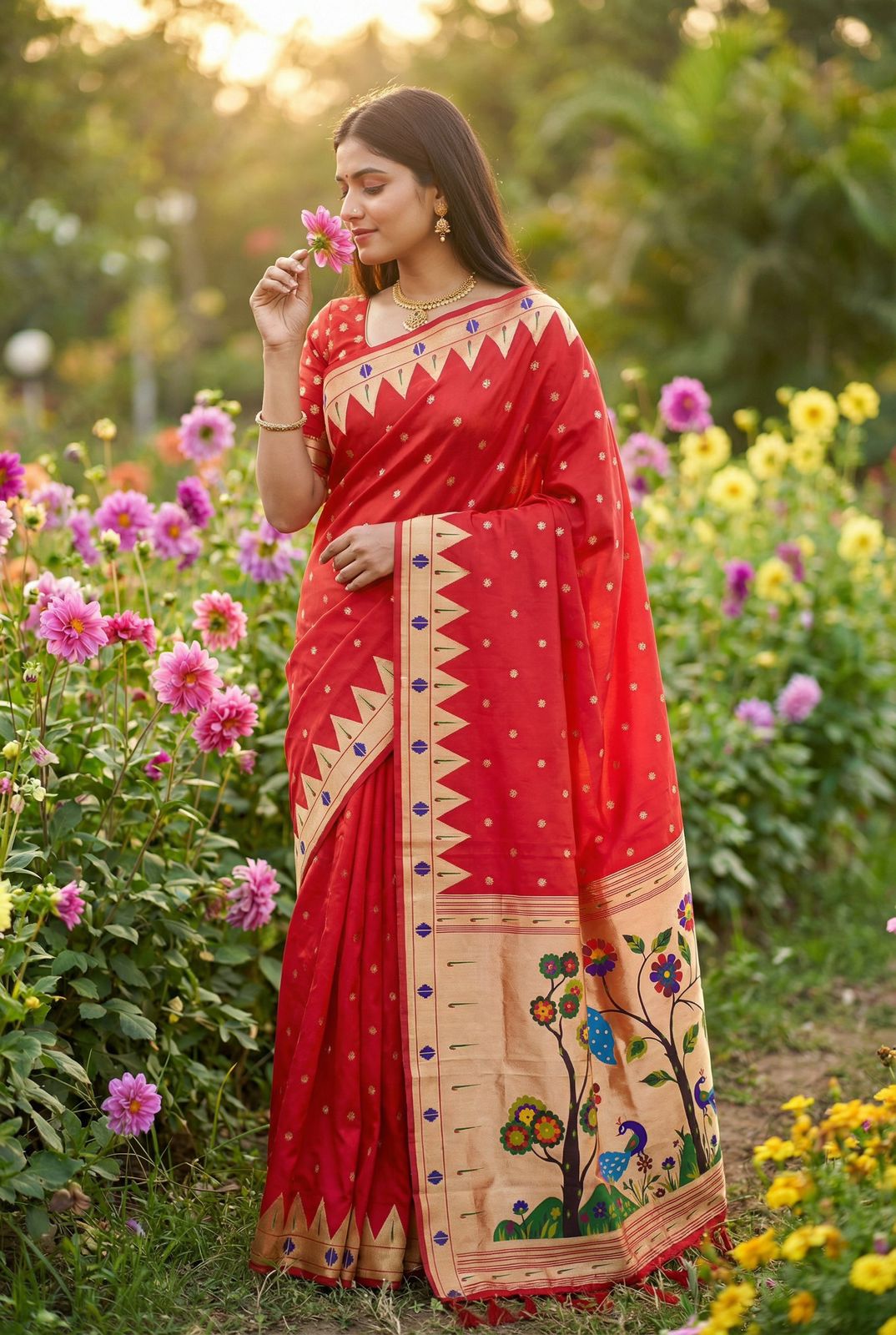Innovative Red Paithani Silk Saree With Ephemeral Blouse Piece