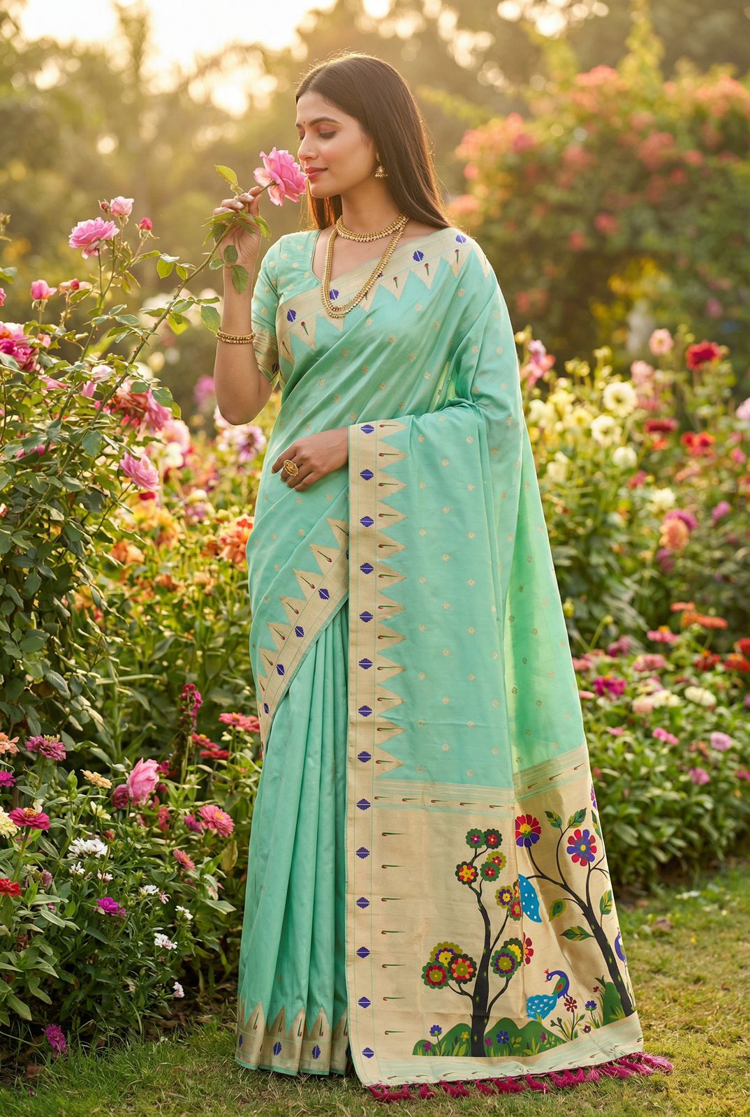 Desiring Sea Green Paithani Silk Saree With Pleasurable Blouse Piece