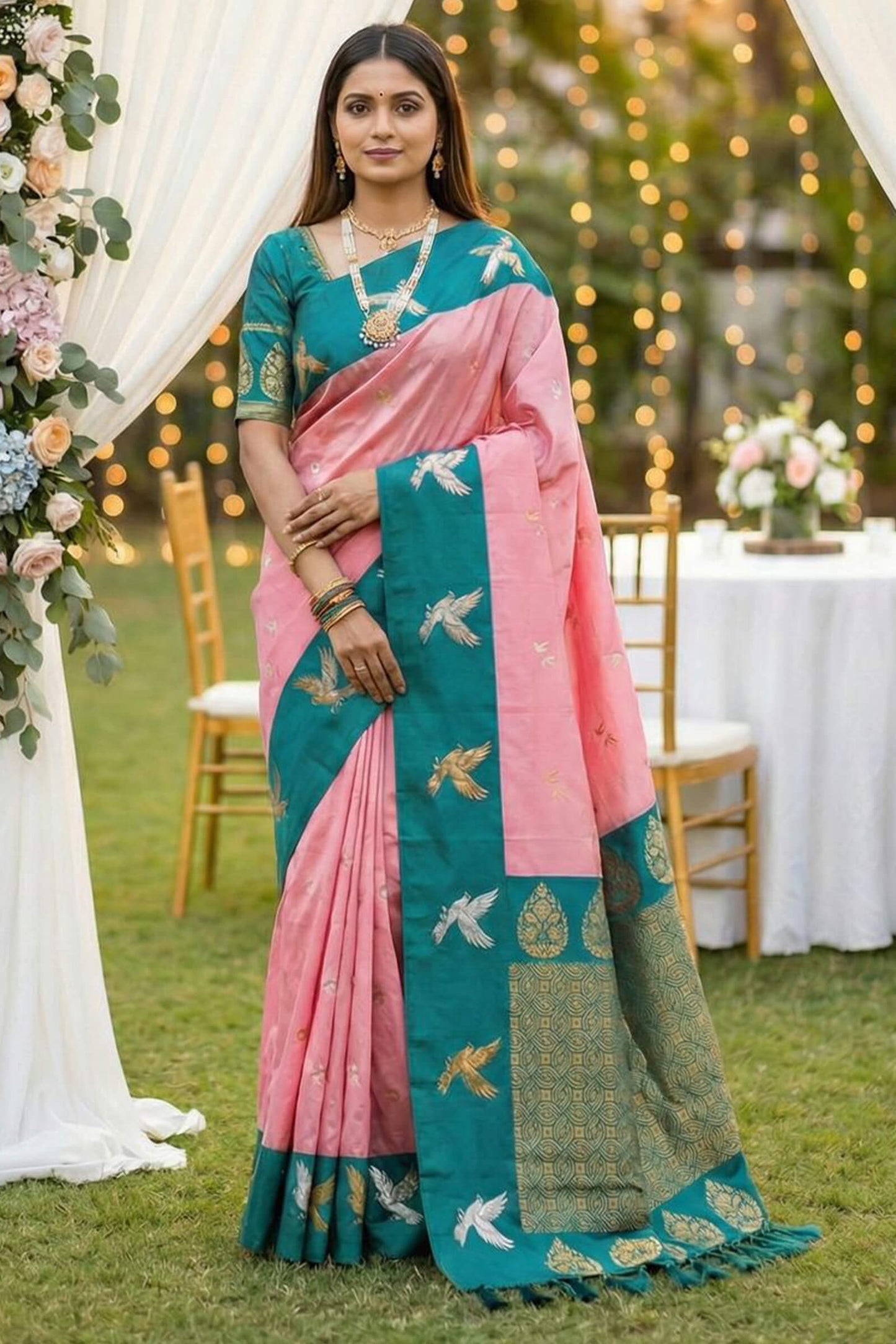 Surpassing Baby Pink Pure Zari Weaving Banarasi Silk Saree With Sensational Blouse Piece