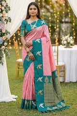 Surpassing Baby Pink Pure Zari Weaving Banarasi Silk Saree With Sensational Blouse Piece