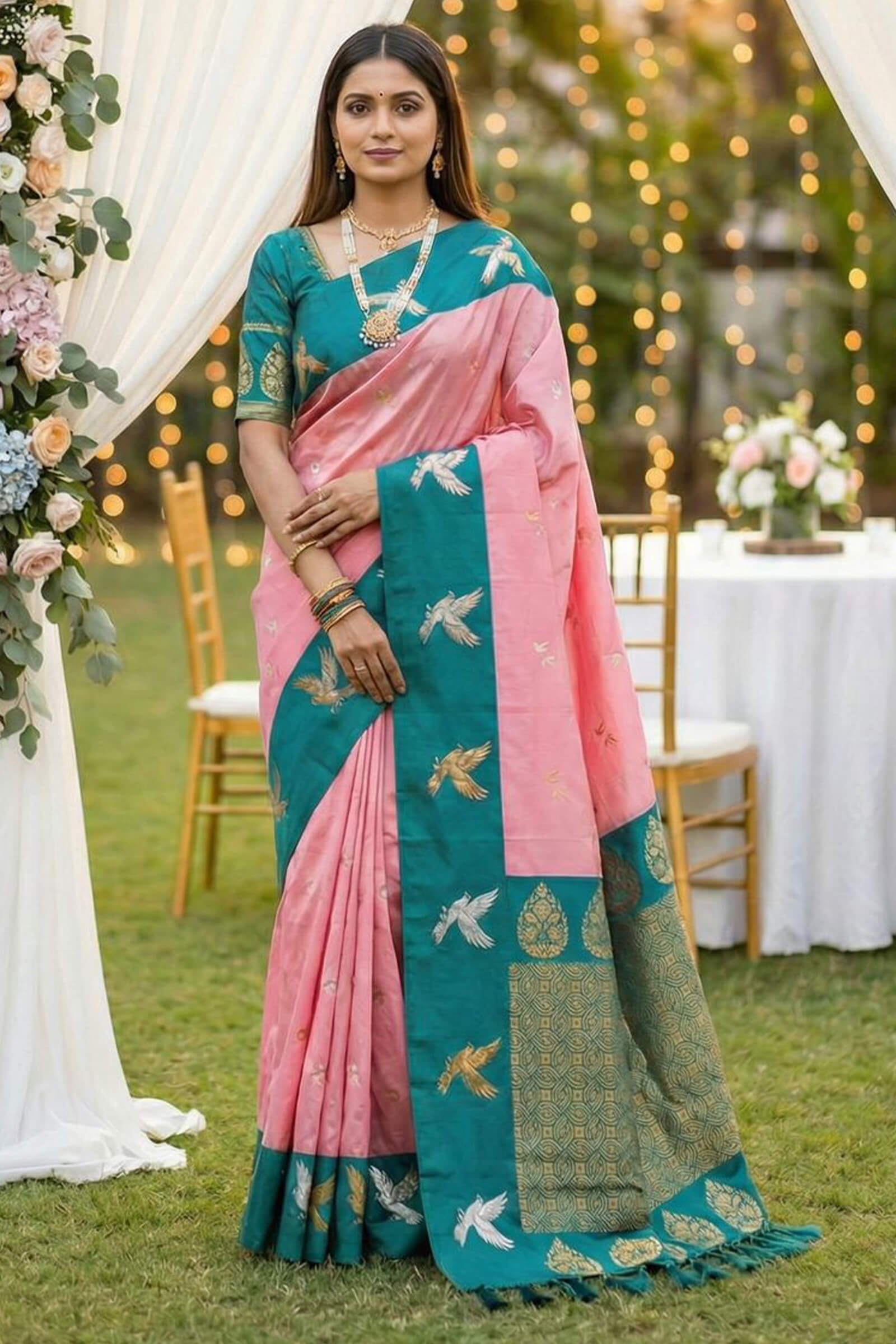 Surpassing Baby Pink Pure Zari Weaving Banarasi Silk Saree With Sensational Blouse Piece
