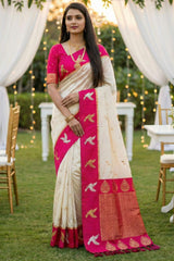 Conflate Beige Pure Zari Weaving Banarasi Silk Saree With Jubilant Blouse Piece