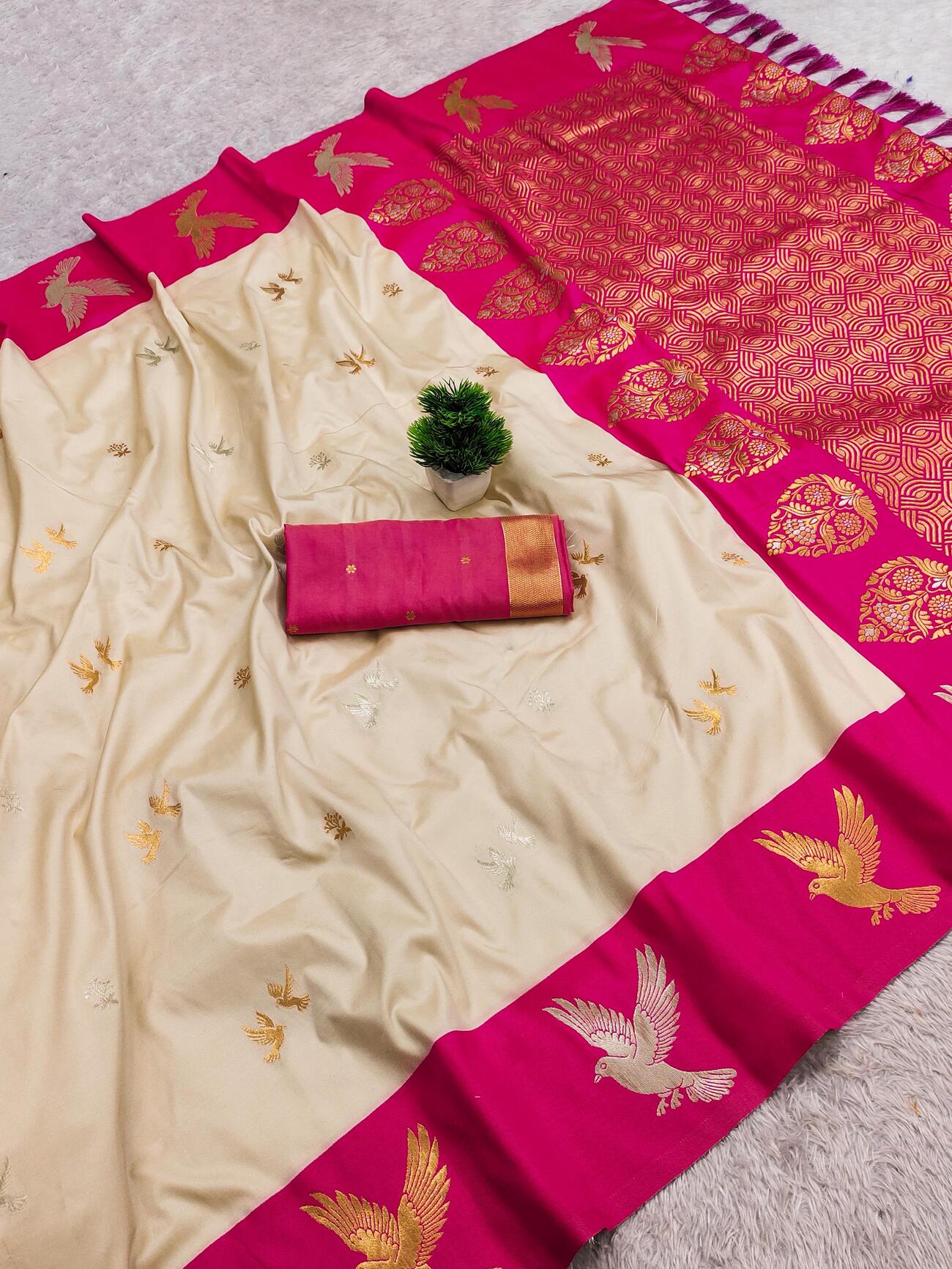 Conflate Beige Pure Zari Weaving Banarasi Silk Saree With Jubilant Blouse Piece