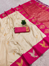 Conflate Beige Pure Zari Weaving Banarasi Silk Saree With Jubilant Blouse Piece