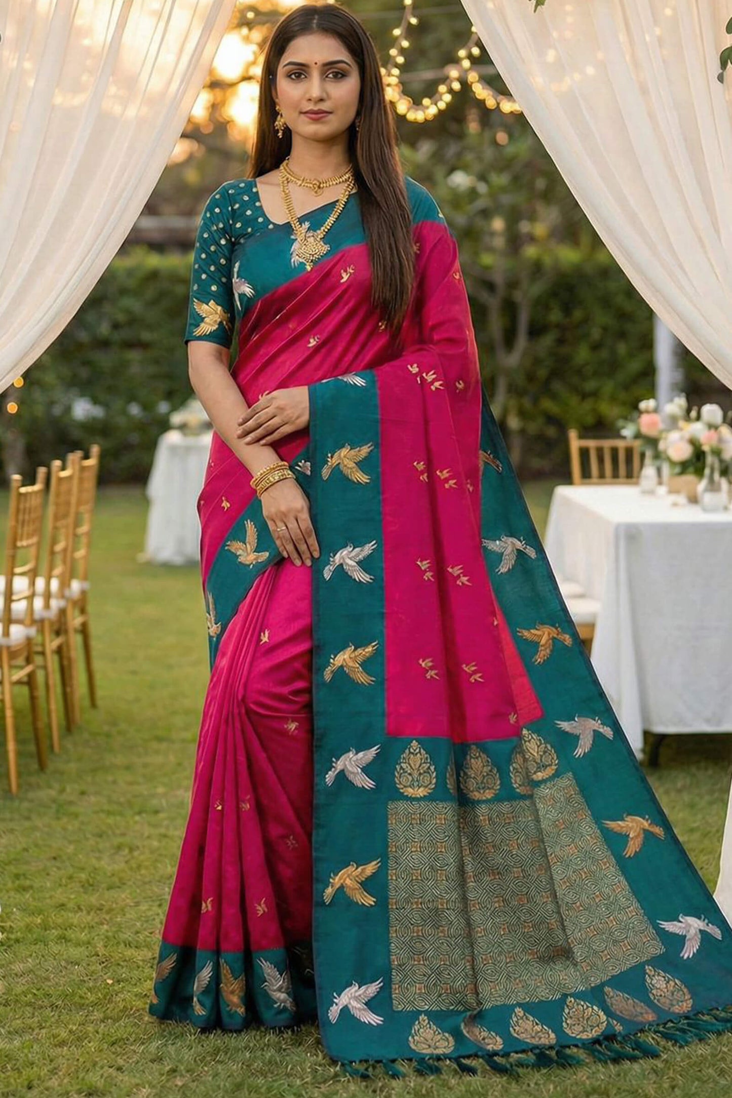 Scrumptious Dark Pink Pure Zari Weaving Banarasi Silk Saree With Glowing Blouse Piece
