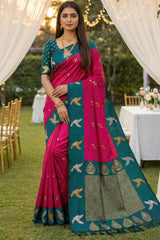 Scrumptious Dark Pink Pure Zari Weaving Banarasi Silk Saree With Glowing Blouse Piece