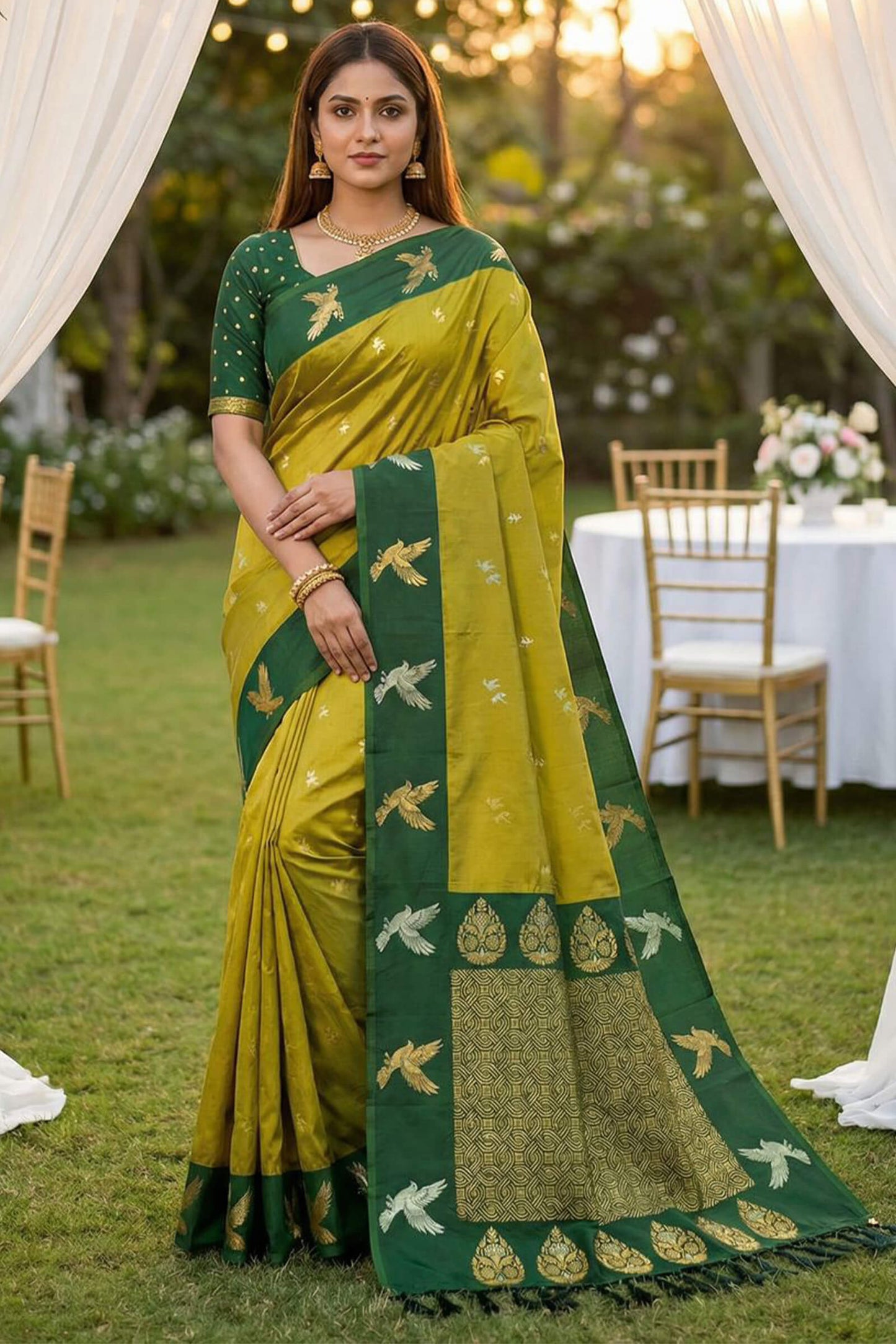 Assemblage Green Pure Zari Weaving Banarasi Silk Saree With Seraphic Blouse Piece
