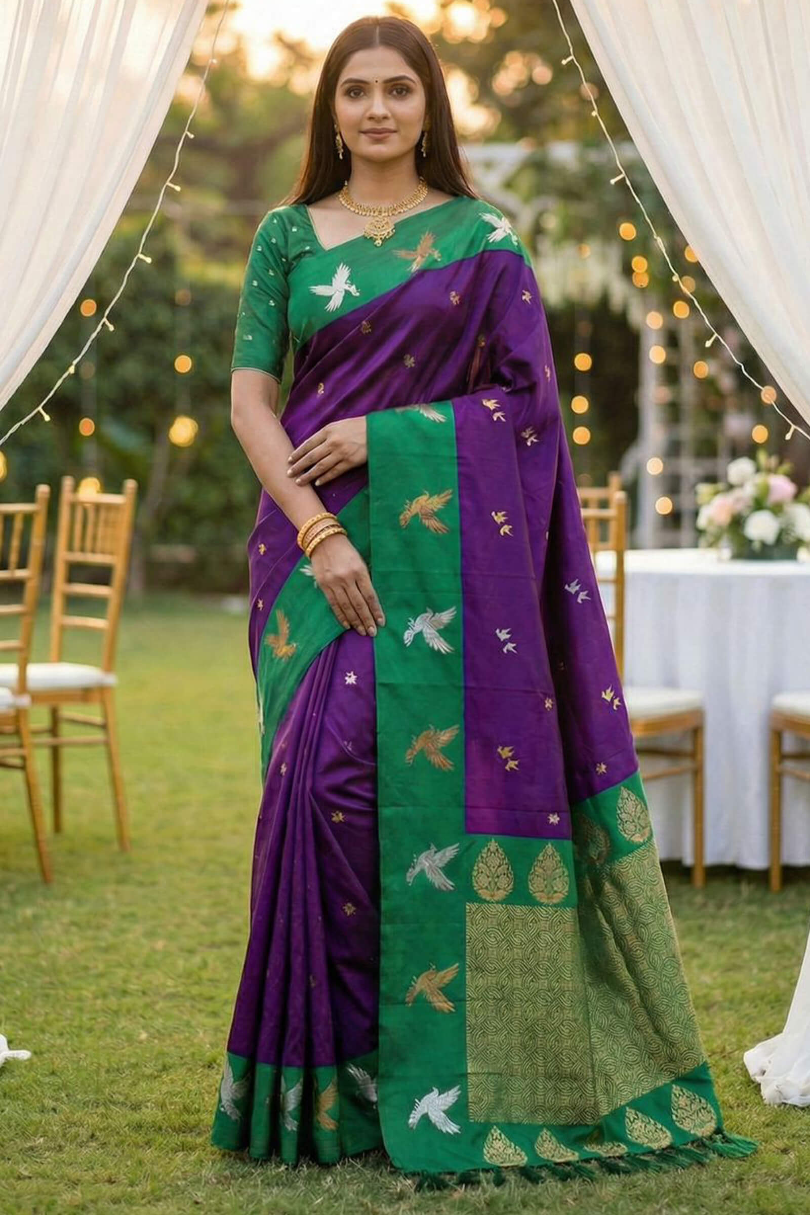 Rhapsodic Purple Pure Zari Weaving Banarasi Silk Saree With Ethereal Blouse Piece
