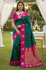 Gleaming Rama Pure Zari Weaving Banarasi Silk Saree With Moiety Blouse Piece