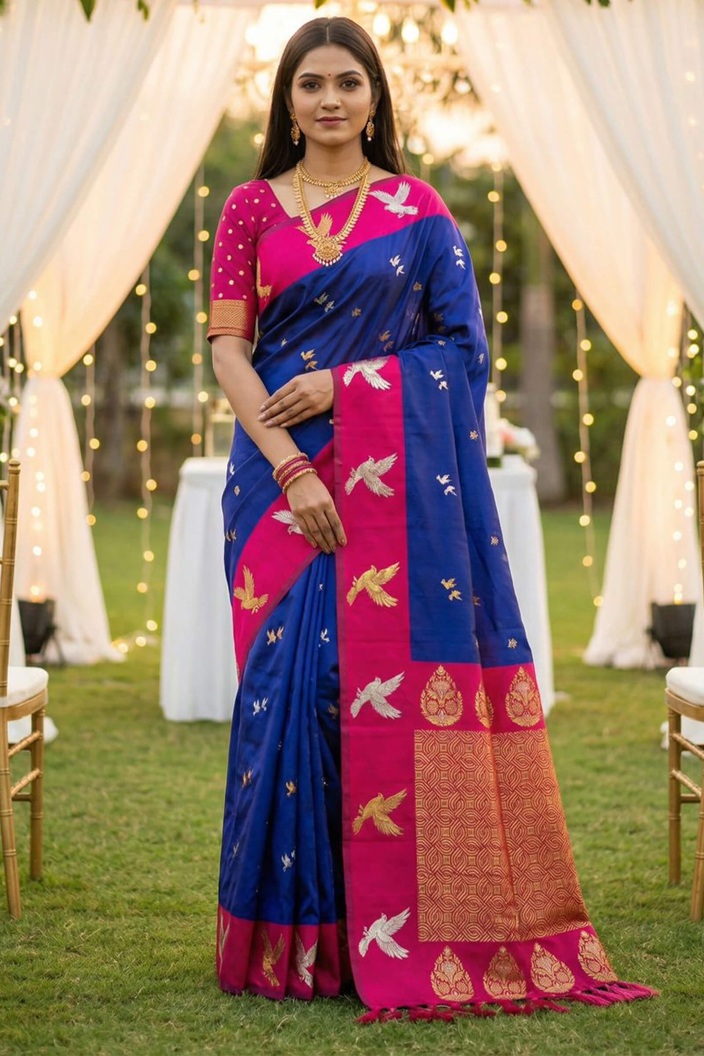 Woebegone Royal Blue Pure Zari Weaving Banarasi Silk Saree With Ephemeral Blouse Piece