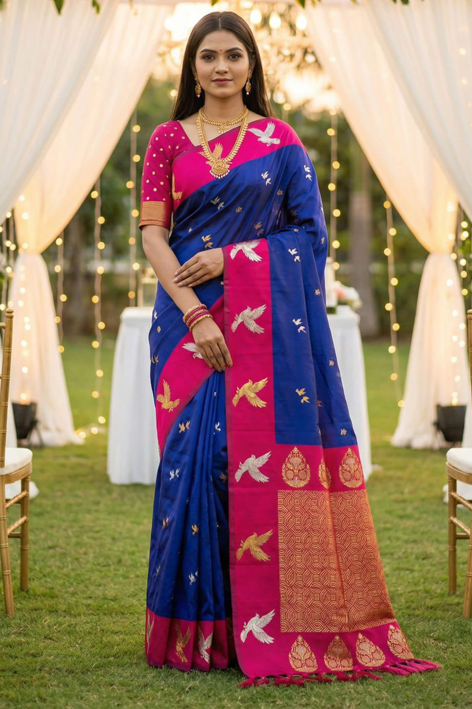 Woebegone Royal Blue Pure Zari Weaving Banarasi Silk Saree With Ephemeral Blouse Piece