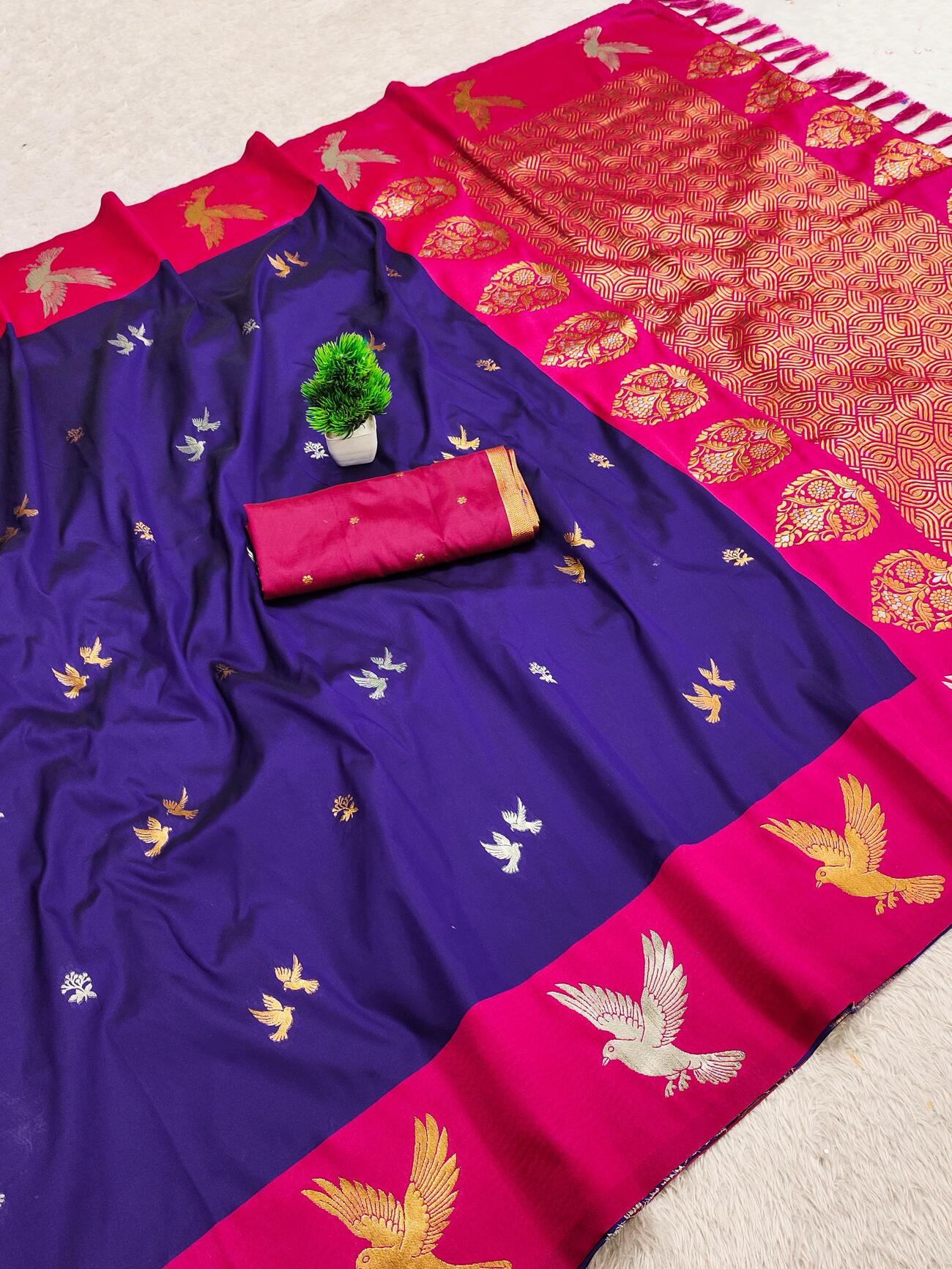 Woebegone Royal Blue Pure Zari Weaving Banarasi Silk Saree With Ephemeral Blouse Piece