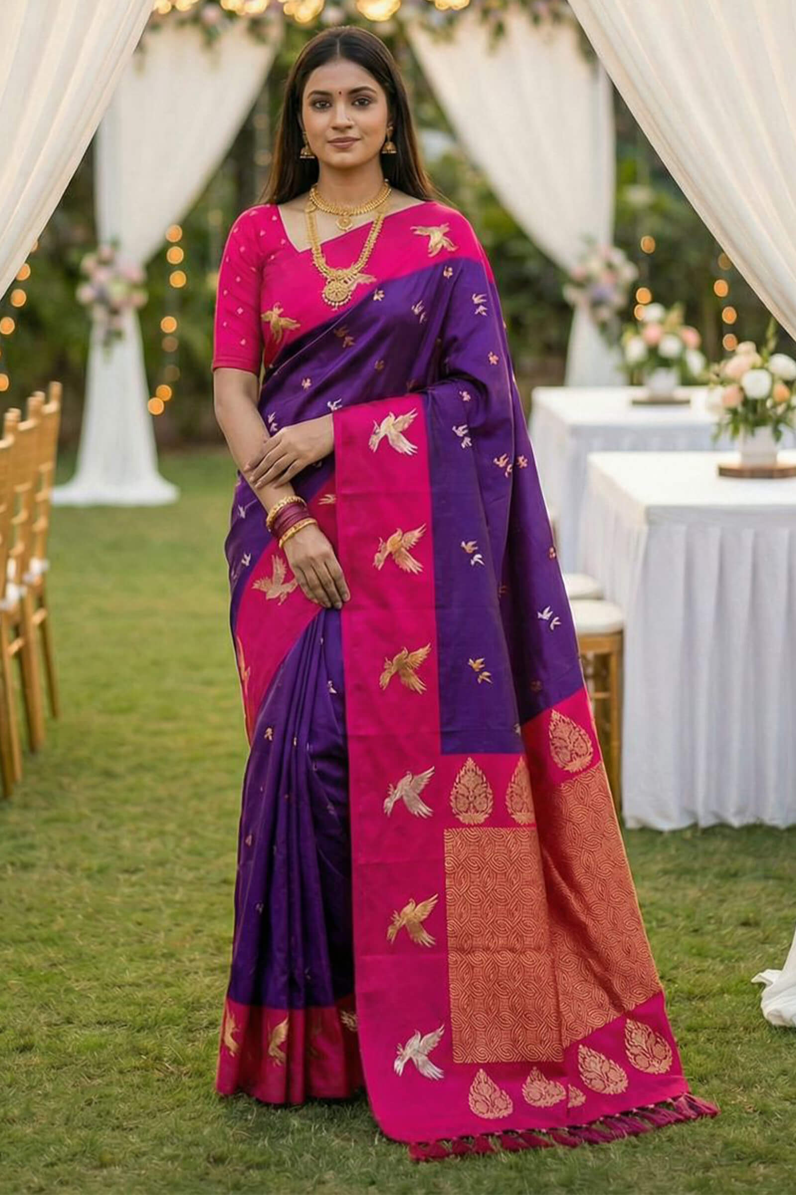 Confounding Royal Purple Pure Zari Weaving Banarasi Silk Saree With Nemesis Blouse Piece