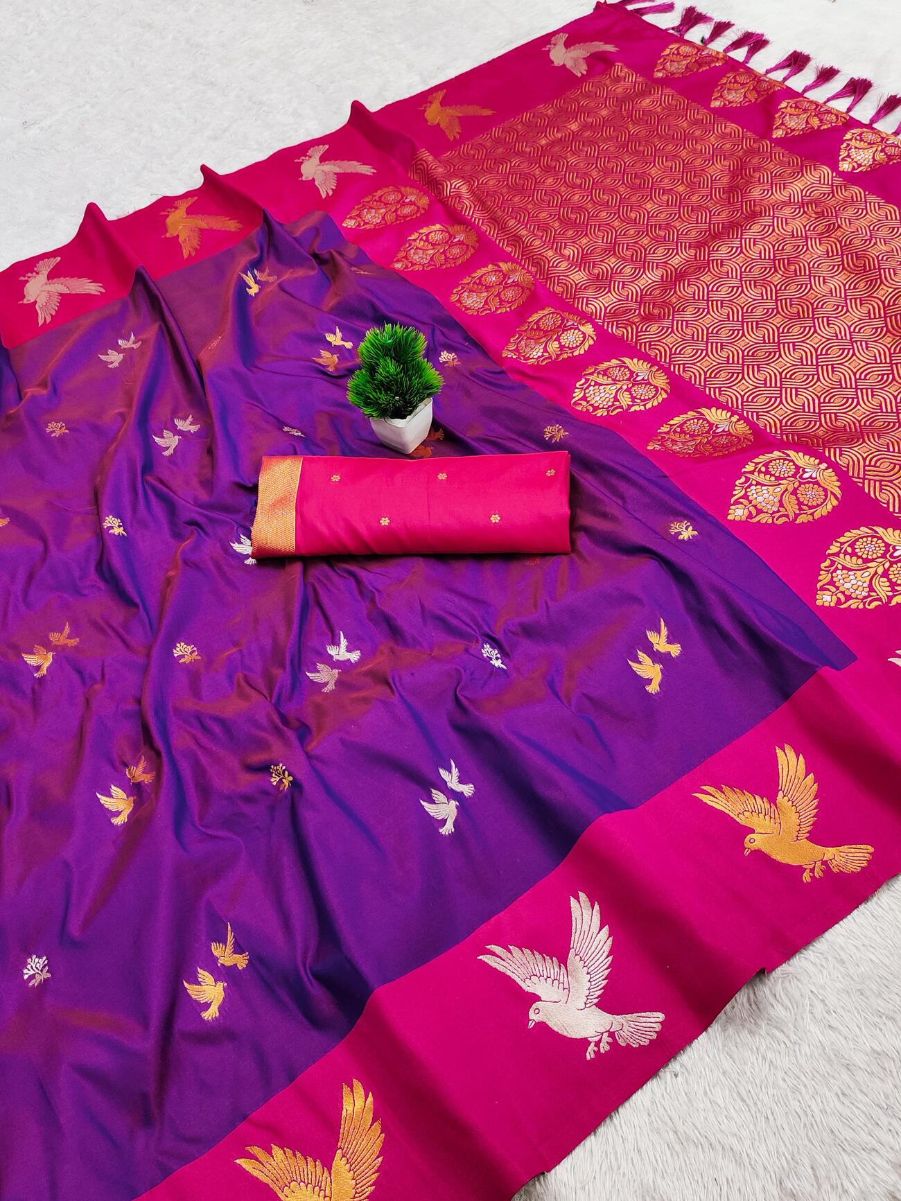 Confounding Royal Purple Pure Zari Weaving Banarasi Silk Saree With Nemesis Blouse Piece