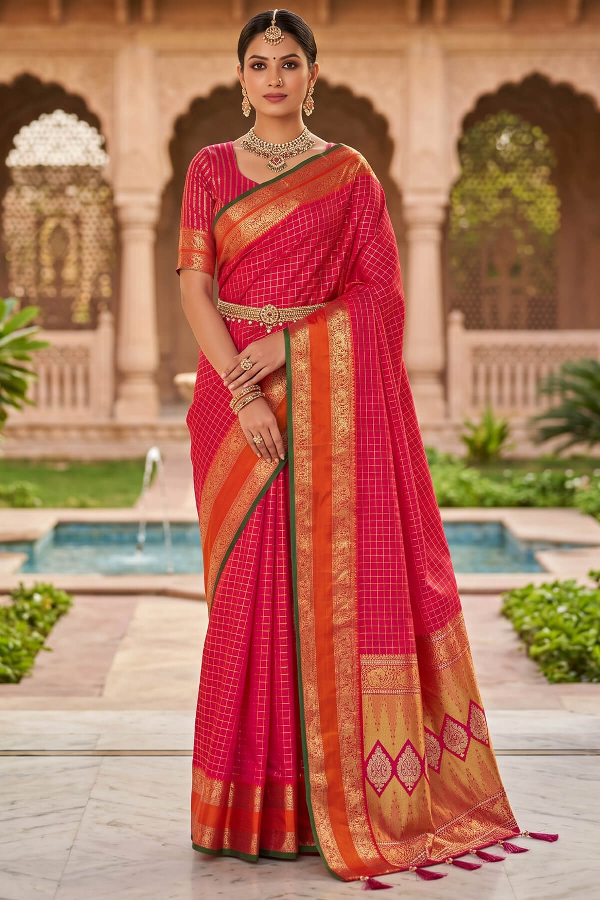 Bucolic Dark Pink Pure Zari Weaving Banarasi Silk Saree With Fancifull Blouse Piece