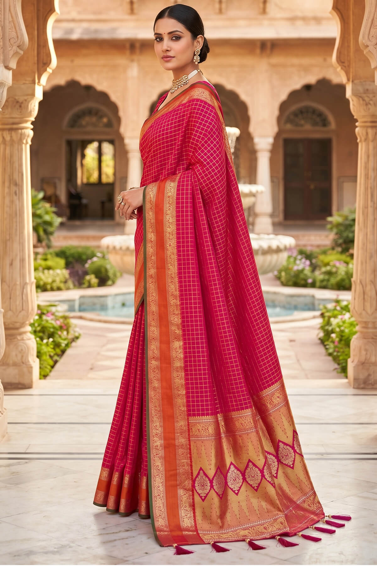 Bucolic Dark Pink Pure Zari Weaving Banarasi Silk Saree With Fancifull Blouse Piece