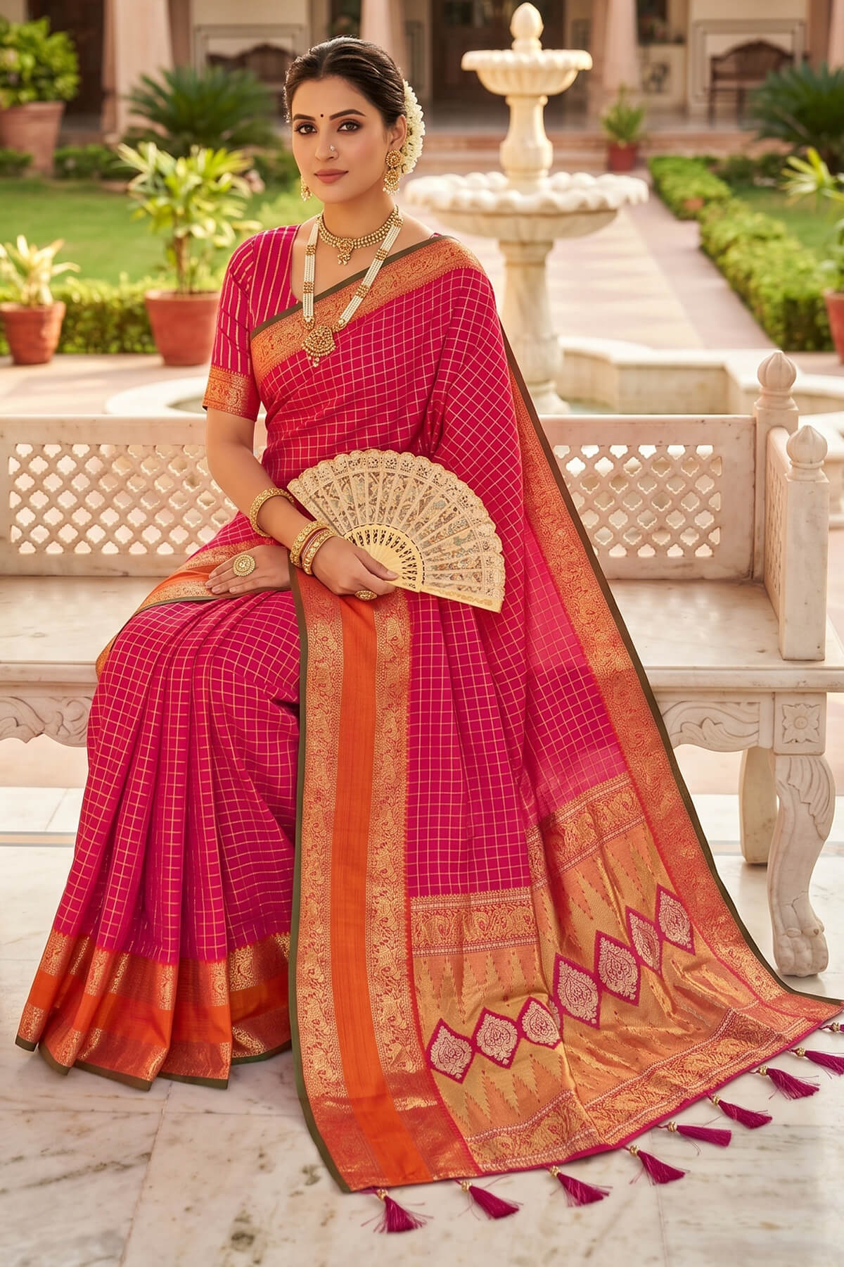 Bucolic Dark Pink Pure Zari Weaving Banarasi Silk Saree With Fancifull Blouse Piece
