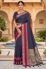 Breathtaking Navy Blue Pure Zari Weaving Banarasi Silk Saree With Charismatic Blouse Piece