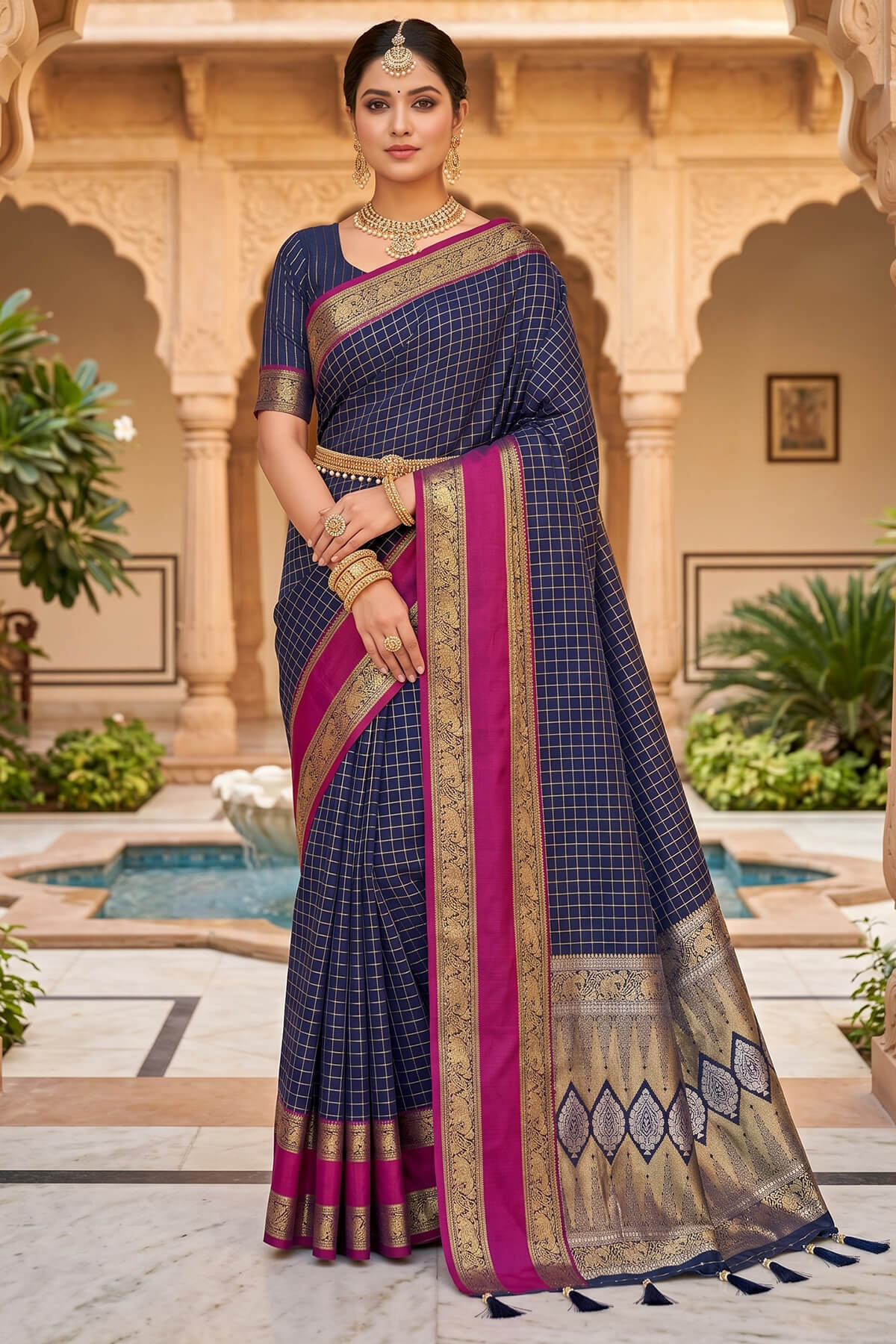 Breathtaking Navy Blue Pure Zari Weaving Banarasi Silk Saree With Charismatic Blouse Piece