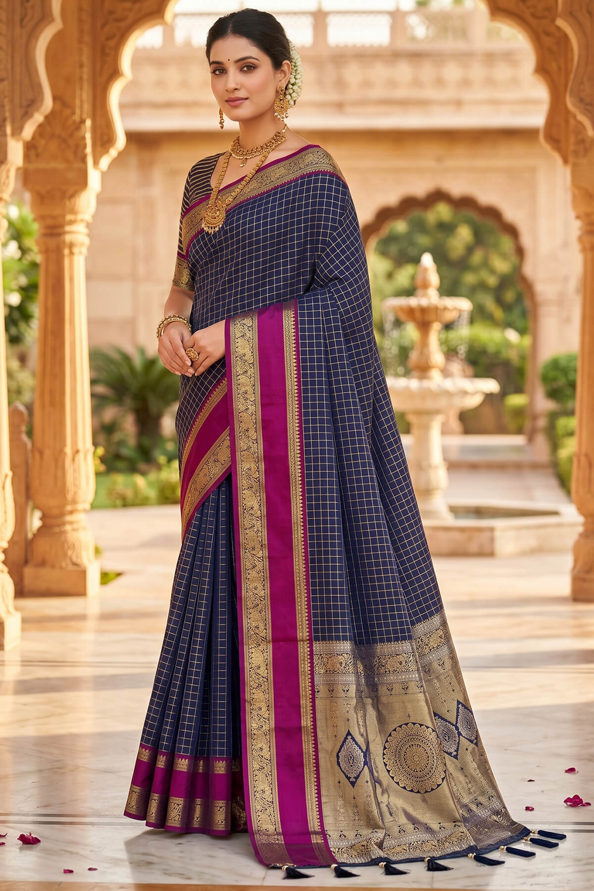 Breathtaking Navy Blue Pure Zari Weaving Banarasi Silk Saree With Charismatic Blouse Piece