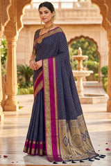 Breathtaking Navy Blue Pure Zari Weaving Banarasi Silk Saree With Charismatic Blouse Piece