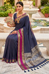 Breathtaking Navy Blue Pure Zari Weaving Banarasi Silk Saree With Charismatic Blouse Piece