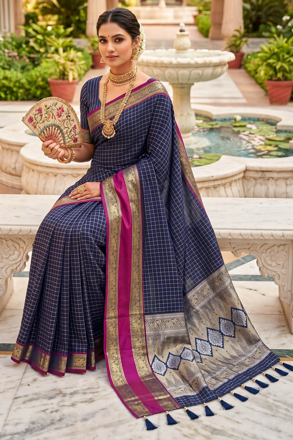 Breathtaking Navy Blue Pure Zari Weaving Banarasi Silk Saree With Charismatic Blouse Piece