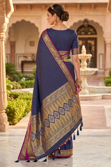 Breathtaking Navy Blue Pure Zari Weaving Banarasi Silk Saree With Charismatic Blouse Piece