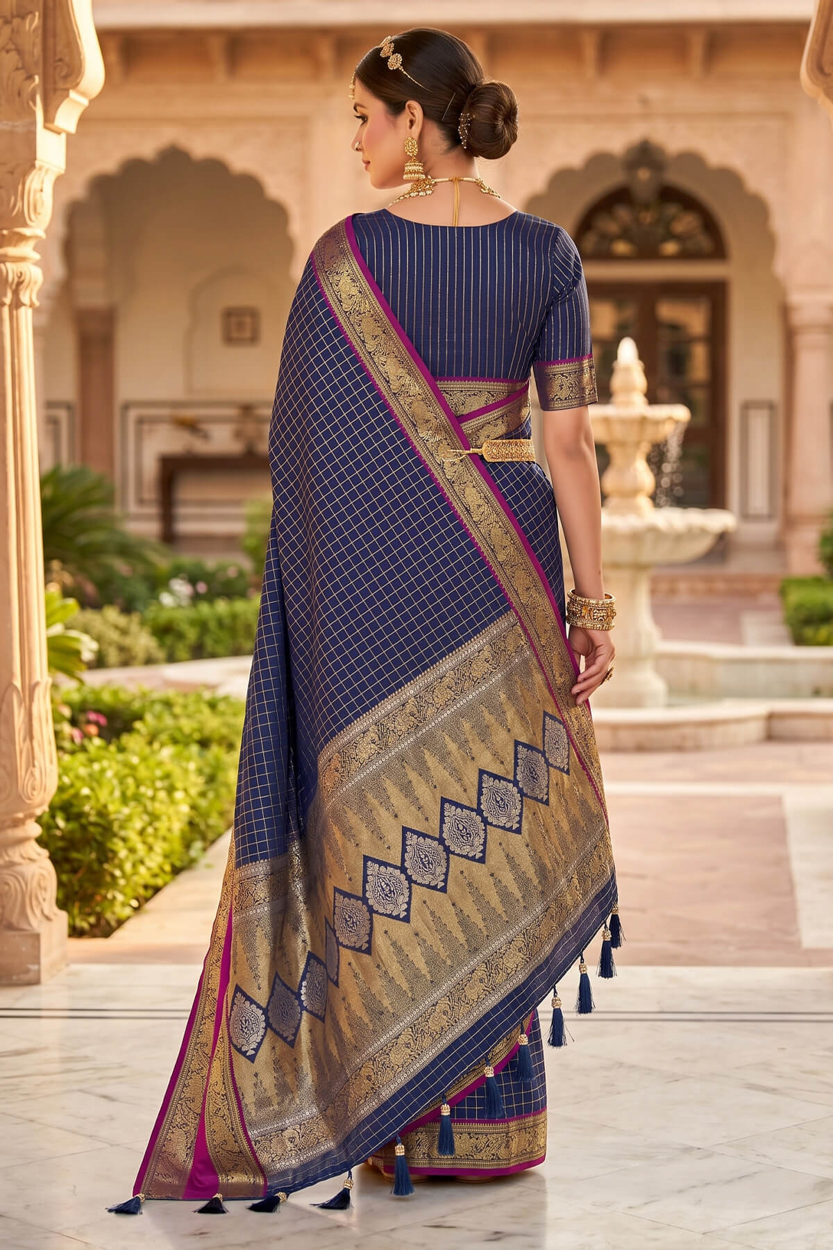 Breathtaking Navy Blue Pure Zari Weaving Banarasi Silk Saree With Charismatic Blouse Piece